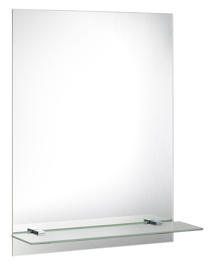 Ogledalo AQUALINE z luknjami za polico, 60 × 80 cm, z obešali – izdelek 22430. Na sliki je prikazana tudi steklena polica; vsebina nakupa je navedena v opisu.