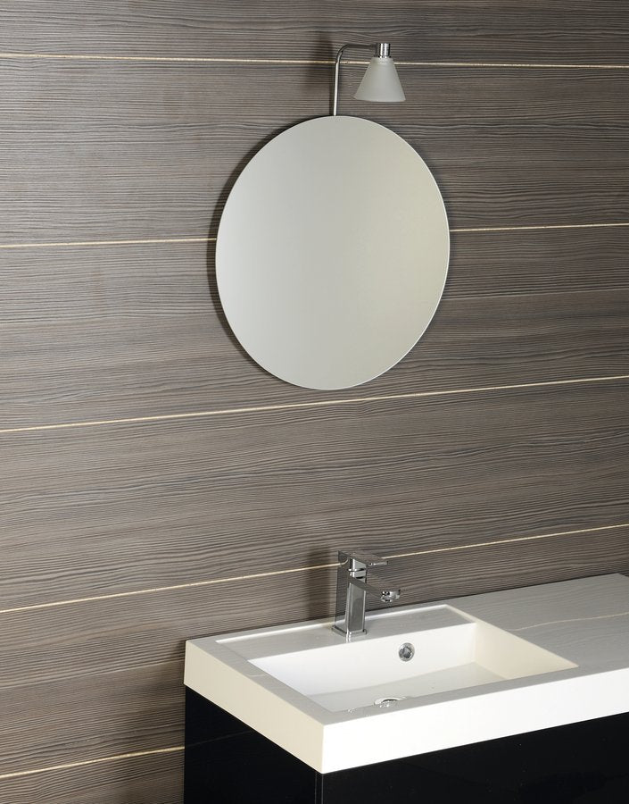 Okroglo ogledalo AQUALINE BORD z brušenim robom, Ø 50 cm, brez bakra – izdelek 22443 – primer postavitve v prostoru. Drugi prikazani izdelki niso vključeni v nakup.