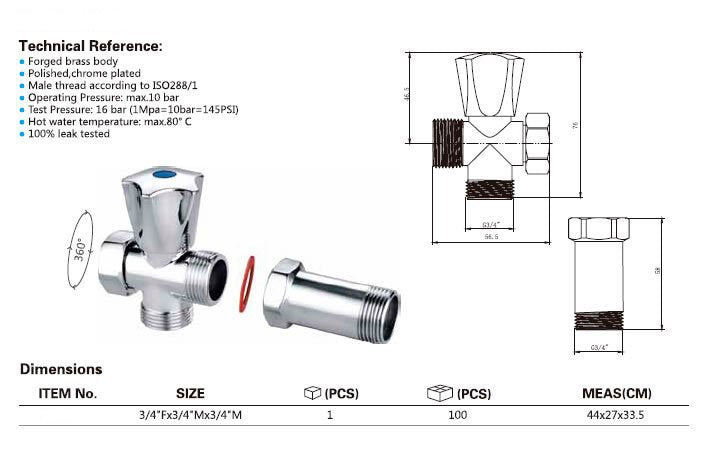 Tehnični list – Ventil za pralni stroj AQUALINE s protipovratnim ventilom, pred stensko armaturo, 3/4" × 3/4", kromiran – izdelek 5315