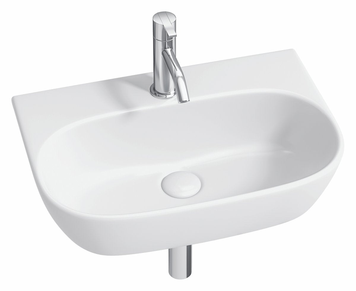 Keramični umivalnik AQUALINE FLANNY, 46 × 31 cm, bel – izdelek NP396 – primer postavitve v prostoru. Drugi prikazani izdelki niso vključeni v nakup.