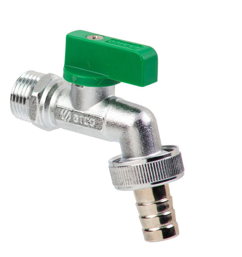 Vrtni kotni ventil ARCO Nano 1/2" × 1/2" D15, z zaščito pred vodnim kamnom, kromiran – izdelek 00460. Fotografija velja za celotno serijo; mere izbranega artikla so navedene v opisu.