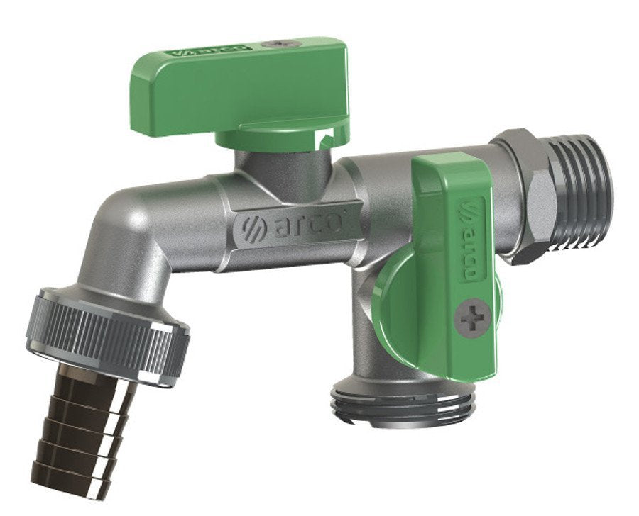 Vrtni ventil ARCO Nano z dvema izhodoma 1/2" × 3/4" × 3/4", z zaščito pred vodnim kamnom, kromiran – izdelek 00472