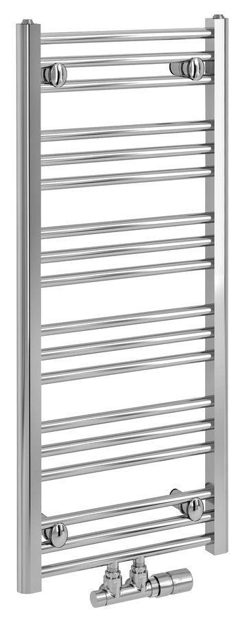 Kopalniški radiator BRUCKNER ALBRECHT, 400 × 930 mm, srednji priključek, kromiran – izdelek 600.111.1. Na sliki so prikazani tudi priključni ventili in termostatska glava; vsebina nakupa je navedena v opisu.
