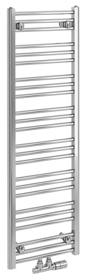 Kopalniški radiator BRUCKNER ALBRECHT, 400 × 1250 mm, srednji priključek, kromiran – izdelek 600.112.1 – dodatni pogled. Na sliki so prikazani tudi priključni ventili; vsebina nakupa je navedena v opisu.