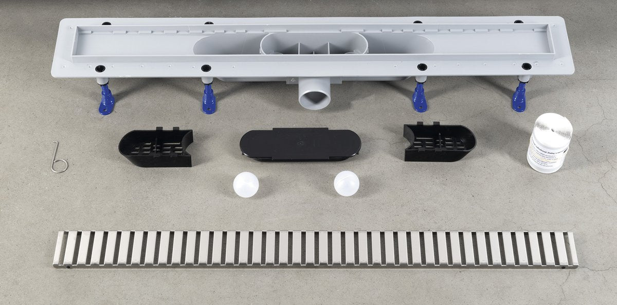 Talni odtočni kanal BRUCKNER z rešetko iz nerjavnega jekla, dolžina 910 mm, DN50 – izdelek 700.159.2 – fotografija serije. Fotografija velja za celotno serijo; mere izbranega artikla so navedene v opisu.