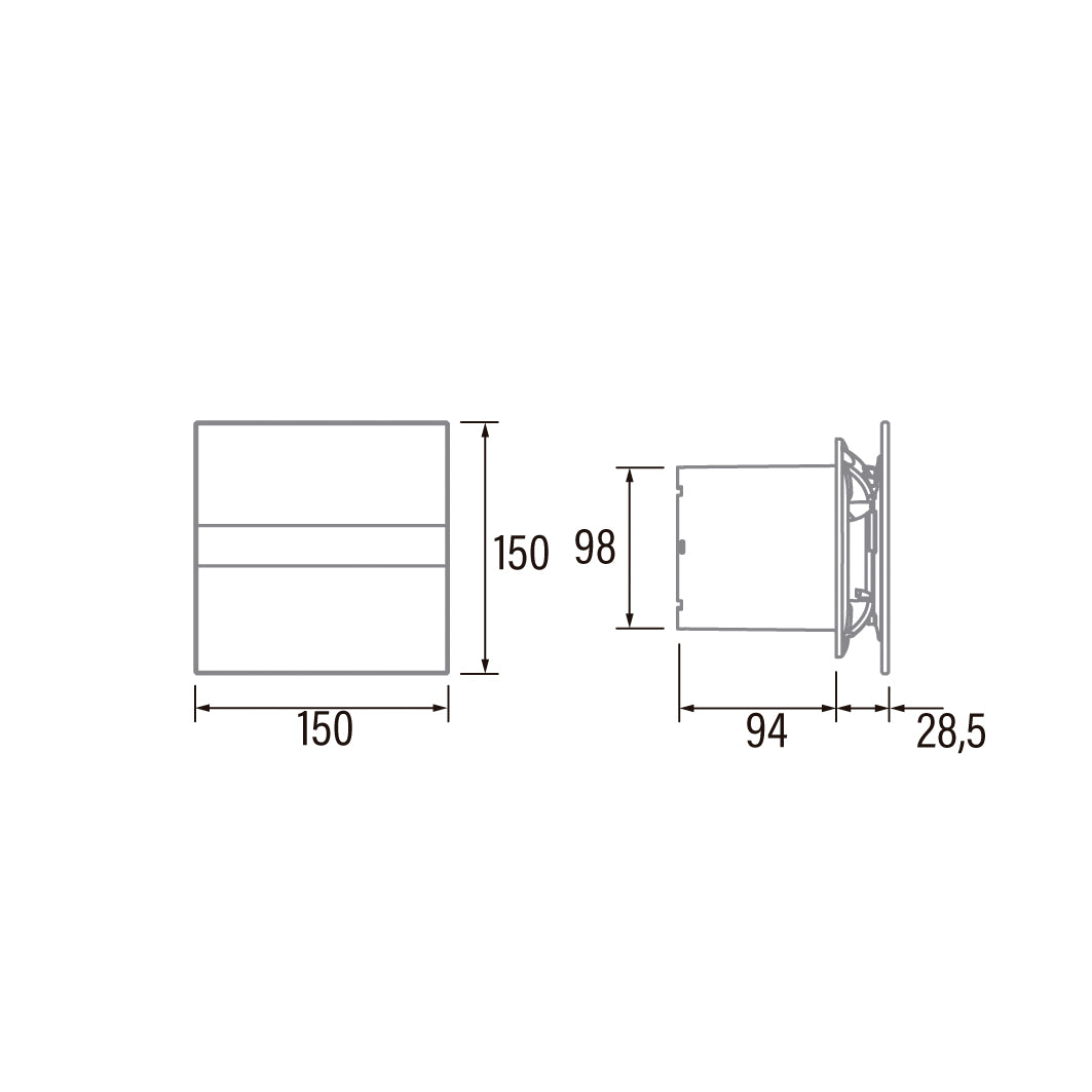 Tehnična risba – Aksialni kopalniški ventilator CATA E-100 GB, 8 W, priključek 100 mm, črn – izdelek 00900402