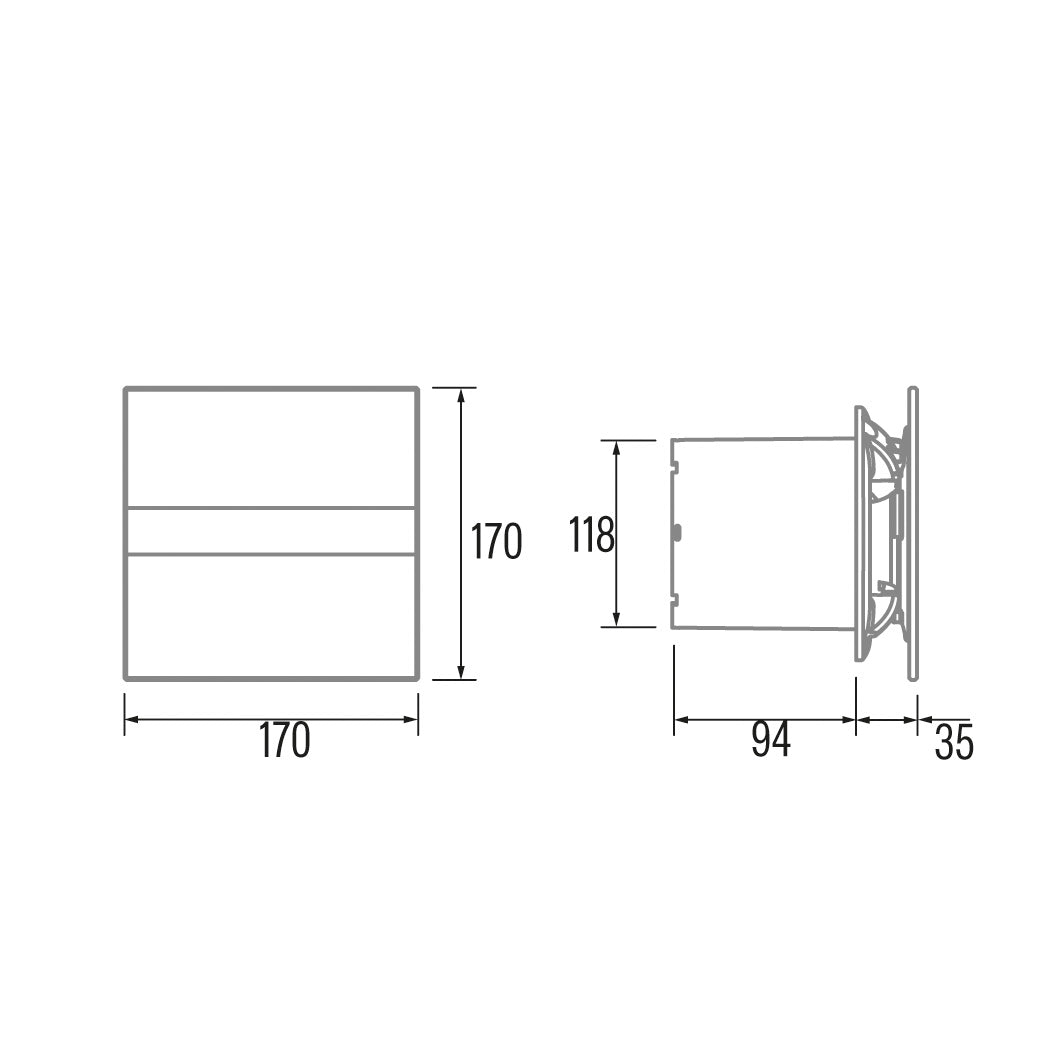 Tehnična risba – Aksialni kopalniški ventilator s časovnikom in LED-zaslonom CATA E-120 GTH, 11 W, priključek 120 mm, bel – izdelek 00901200