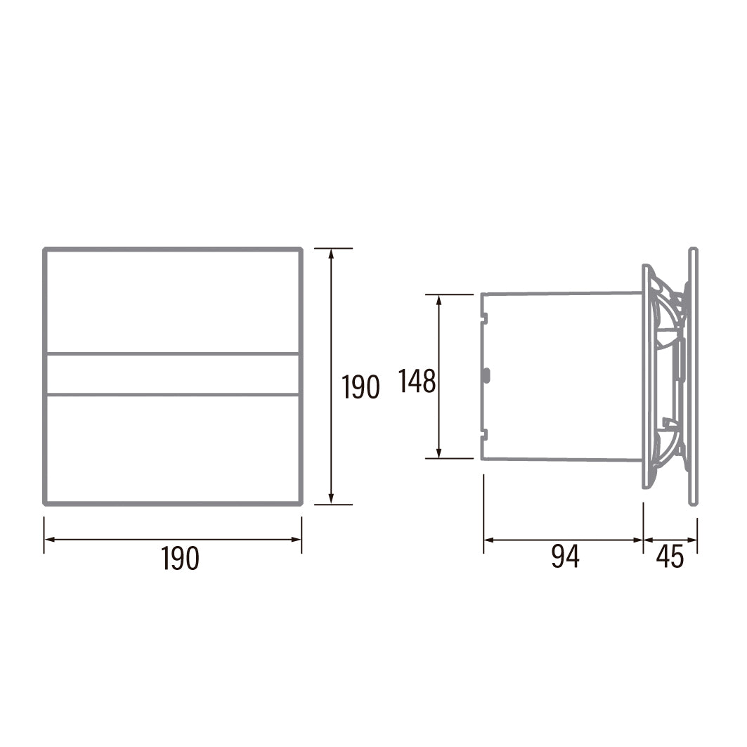 Tehnična risba – Aksialni kopalniški ventilator z LED-zaslonom CATA E-150 GTH, 19 W, priključek 150 mm, bel – izdelek 00902200