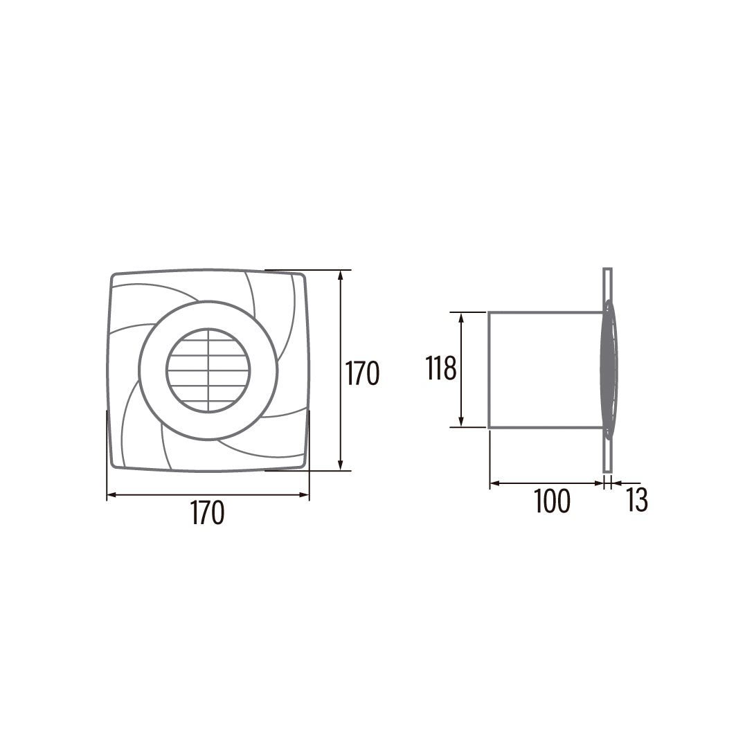 Tehnična risba – Kopalniški ventilator s časovnikom CATA B-12 PLUS T, 20 W, priključek 120 mm, bel – izdelek 00982100