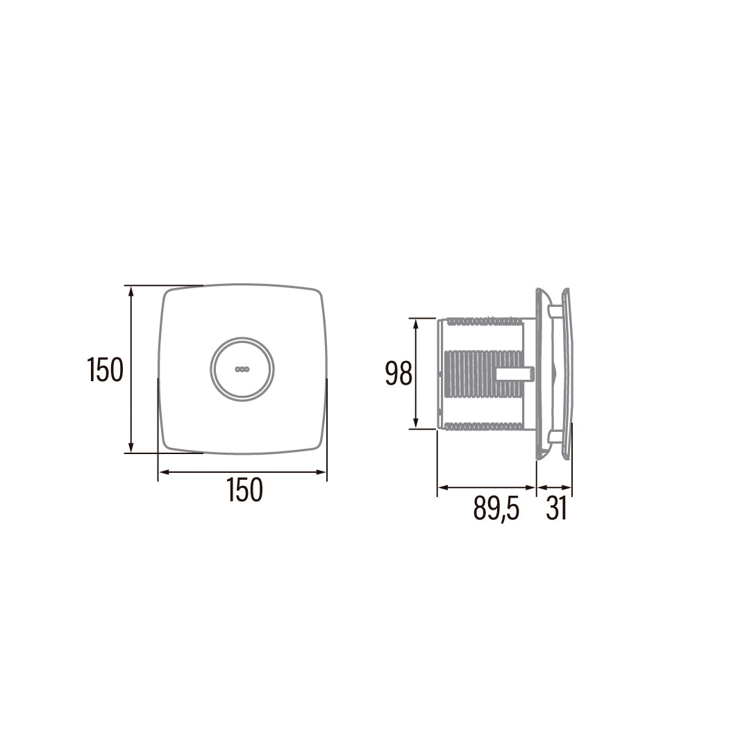 Tehnična risba – Aksialni kopalniški ventilator CATA X-MART 10, 15 W, priključek 100 mm, bel – izdelek 01010000