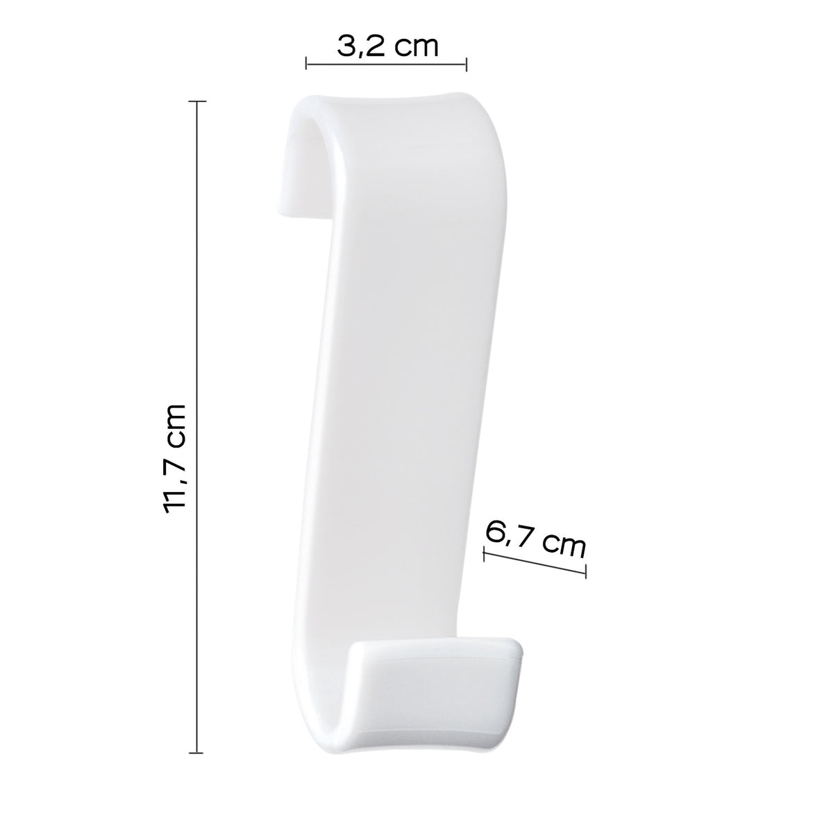 Kavelj za kopalniški radiator GEDY, termoplast, bel – izdelek 202502 – pogled z označenimi merami