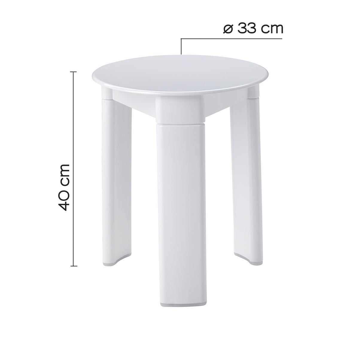 Kopalniški stolček GEDY TRIO, Ø 33 cm, višina 40 cm, bel – izdelek 2072 – pogled z označenimi merami