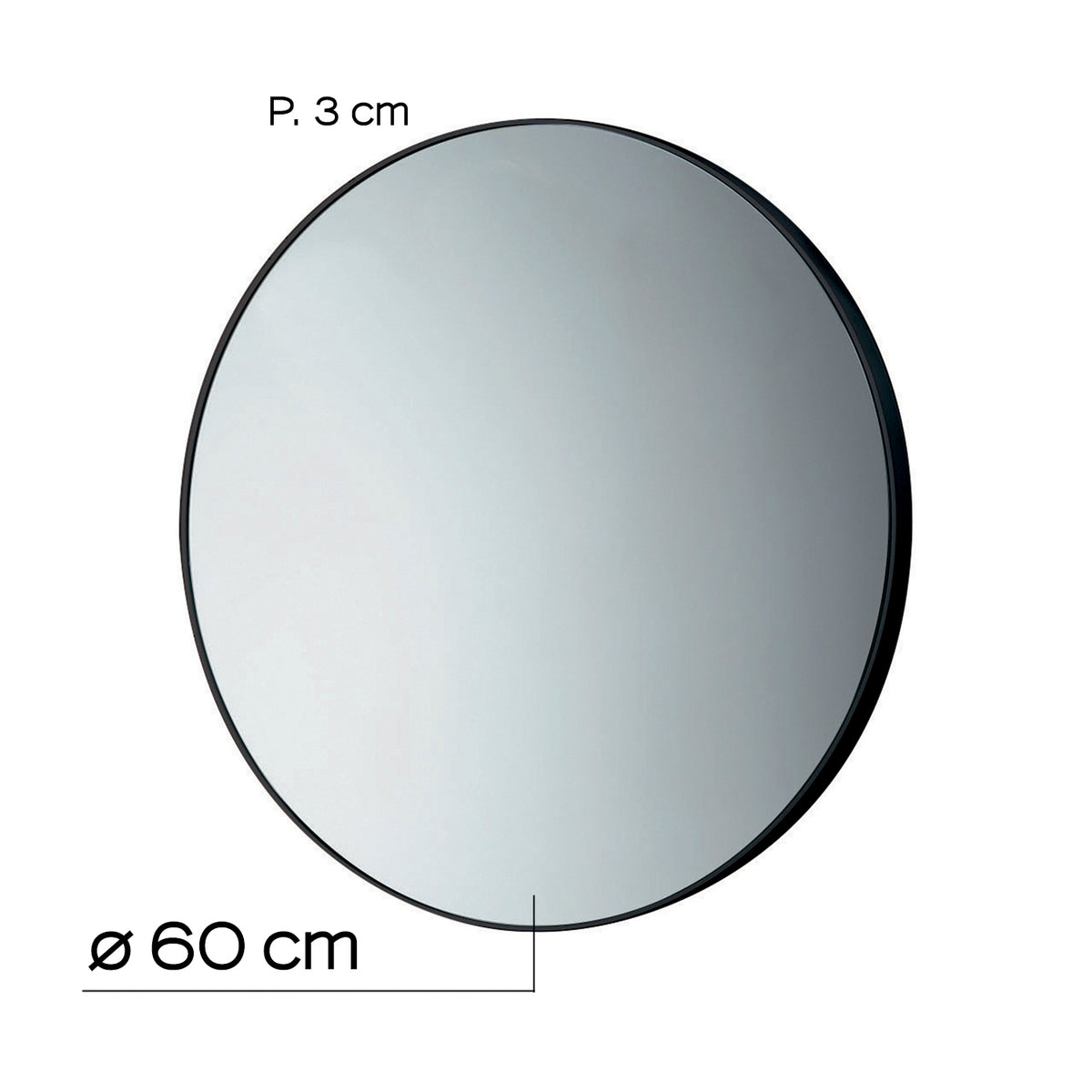 Okroglo ogledalo v plastičnem okvirju GEDY, Ø 60 cm, črno – izdelek 6000 – pogled z označenimi merami