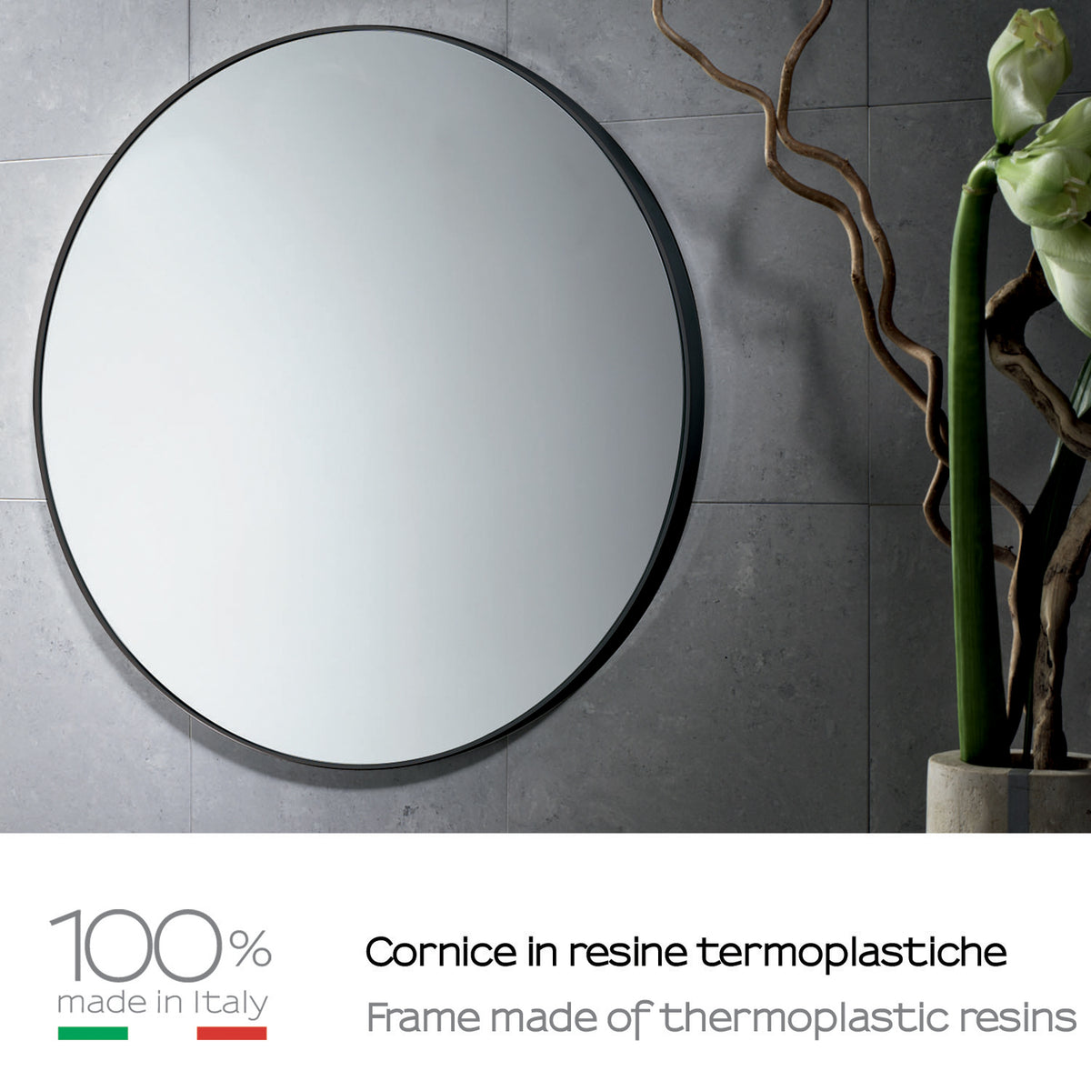 Okroglo ogledalo v plastičnem okvirju GEDY, Ø 60 cm, črno – izdelek 6000 – primer postavitve v prostoru. Drugi prikazani izdelki niso vključeni v nakup.