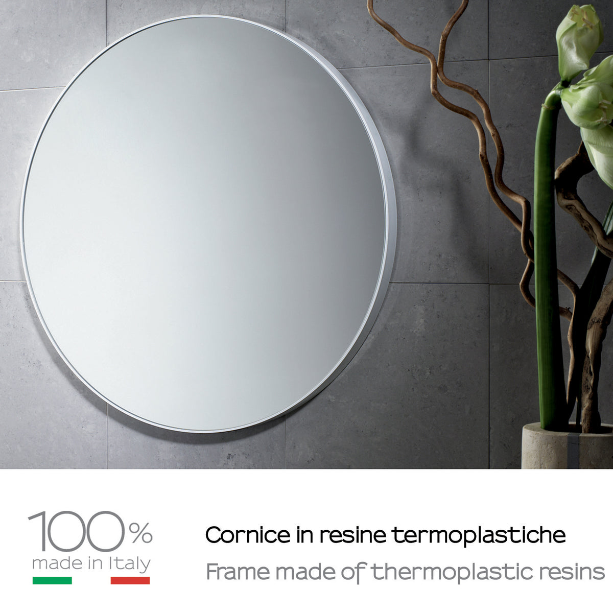 Okroglo ogledalo v plastičnem okvirju GEDY, Ø 60 cm, belo – izdelek 600002 – primer postavitve v prostoru. Drugi prikazani izdelki niso vključeni v nakup.