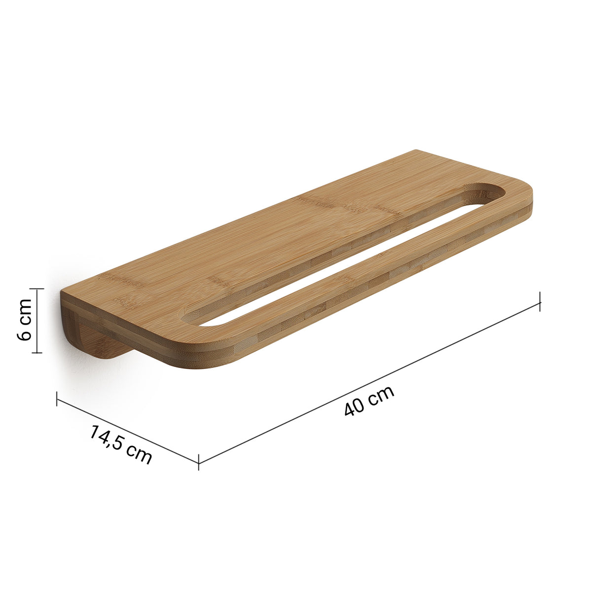 Polica z držalom za brisače GEDY HIMALAYA, 400 × 145 mm, bambus – izdelek HY19 – pogled z označenimi merami