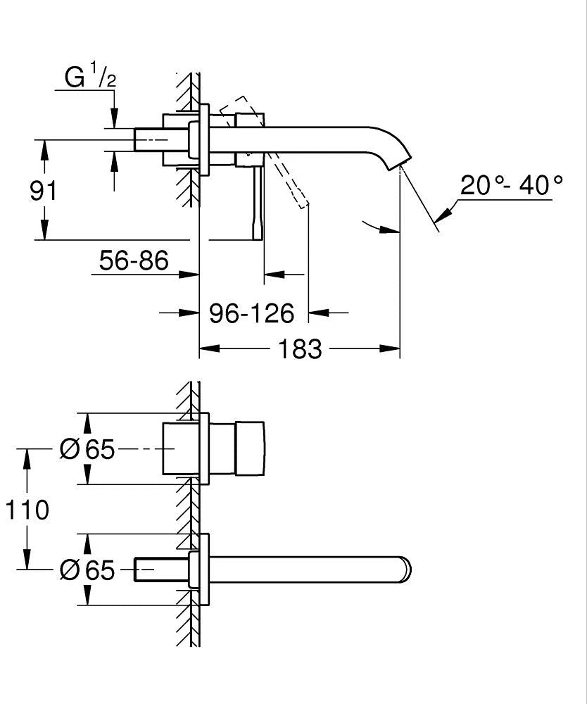 GROHE Essence stenska dvodelna armatura za umivalnik M, Hard Graphite (19408A01) – tehnična risba z merami