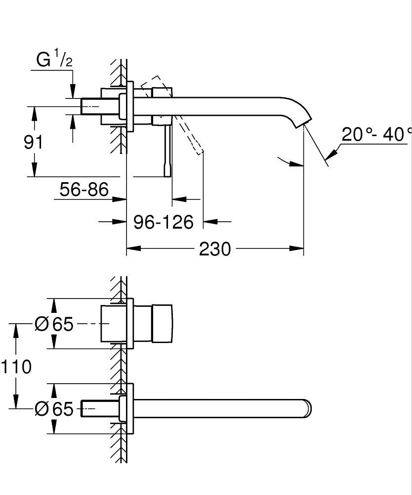 GROHE Essence stenska dvodelna armatura za umivalnik L, krom (19967001) – tehnična risba z merami