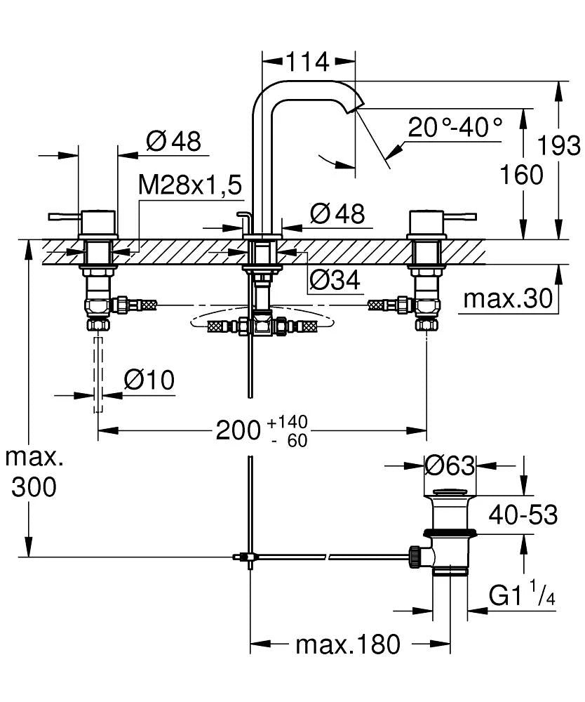 GROHE Essence trodelna armatura za umivalnik M z odtočnim ventilom, krom (20296001) – tehnična risba z merami