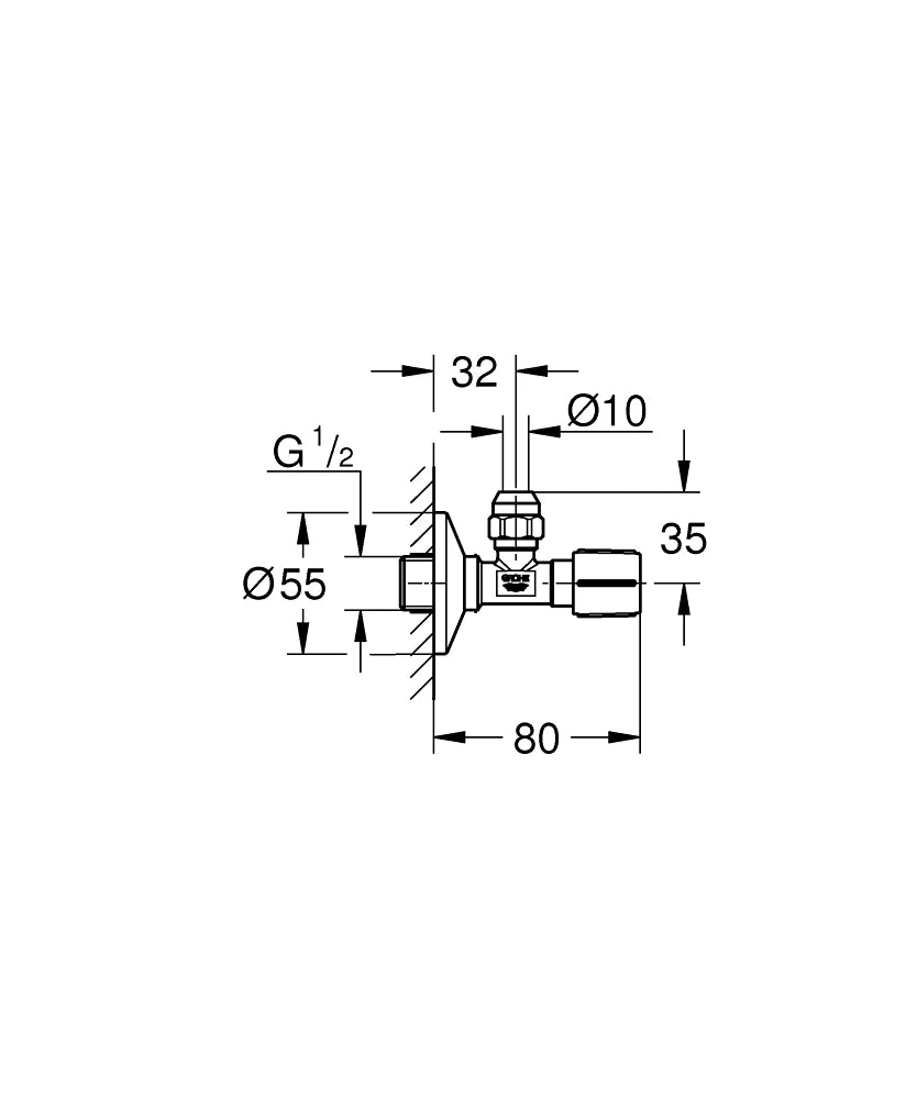 GROHE Universal kotni ventil 1/2" × 3/8", brušeni Hard Graphite (22037AL0) – tehnična risba z merami