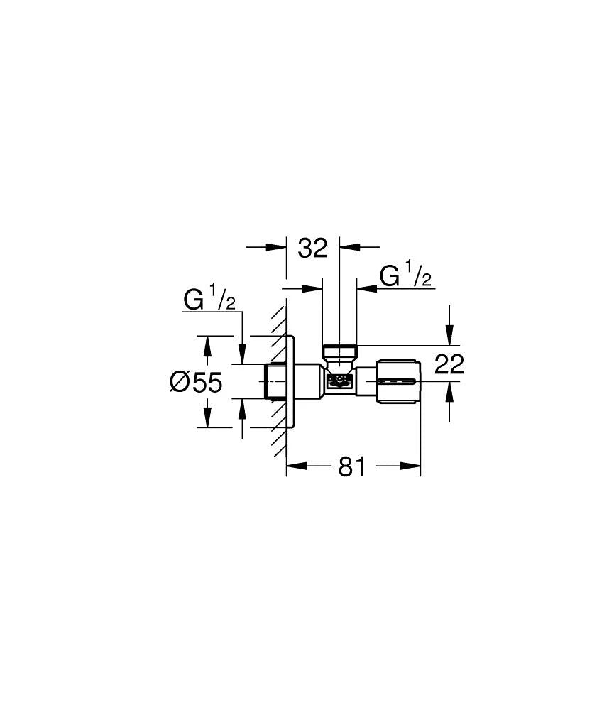 GROHE Universal kotni ventil 1/2" × 1/2", Cool Sunrise (22041GL0) – tehnična risba z merami