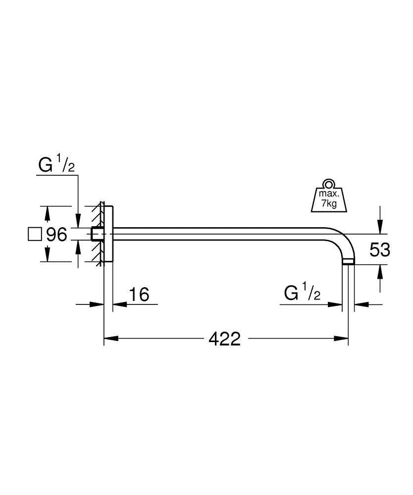 GROHE Rainshower stenska ročica za nadglavno prho 42,2 cm, krom (26145000) – tehnična risba z merami