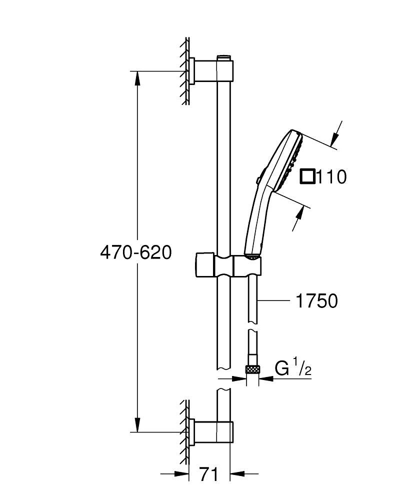 GROHE Vitalio Comfort prhalni komplet z drogom, 2 curka, krom (26398001) – tehnična risba z merami