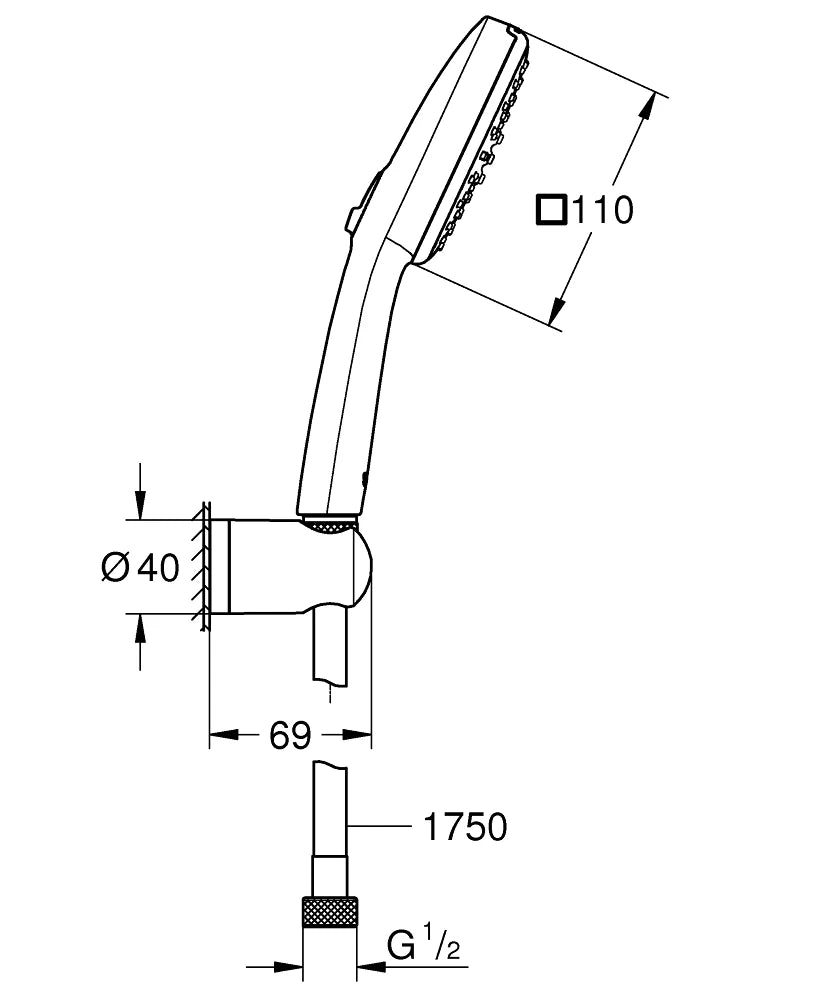 GROHE Vitalio Comfort 110 prhalni komplet z držalom in cevjo, 2 curka, mat črna (263992431) – tehnična risba z merami