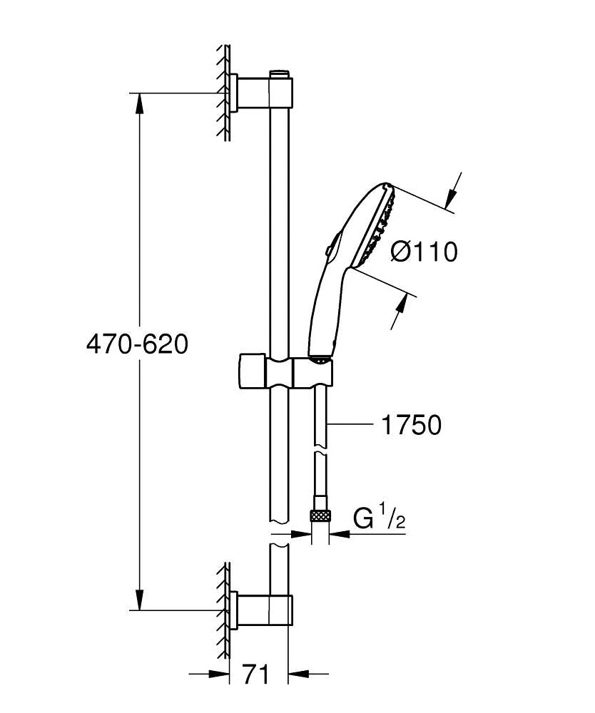 GROHE Vitalio Start prhalni komplet z drogom 600 mm, 2 curka, krom (26951001) – tehnična risba z merami