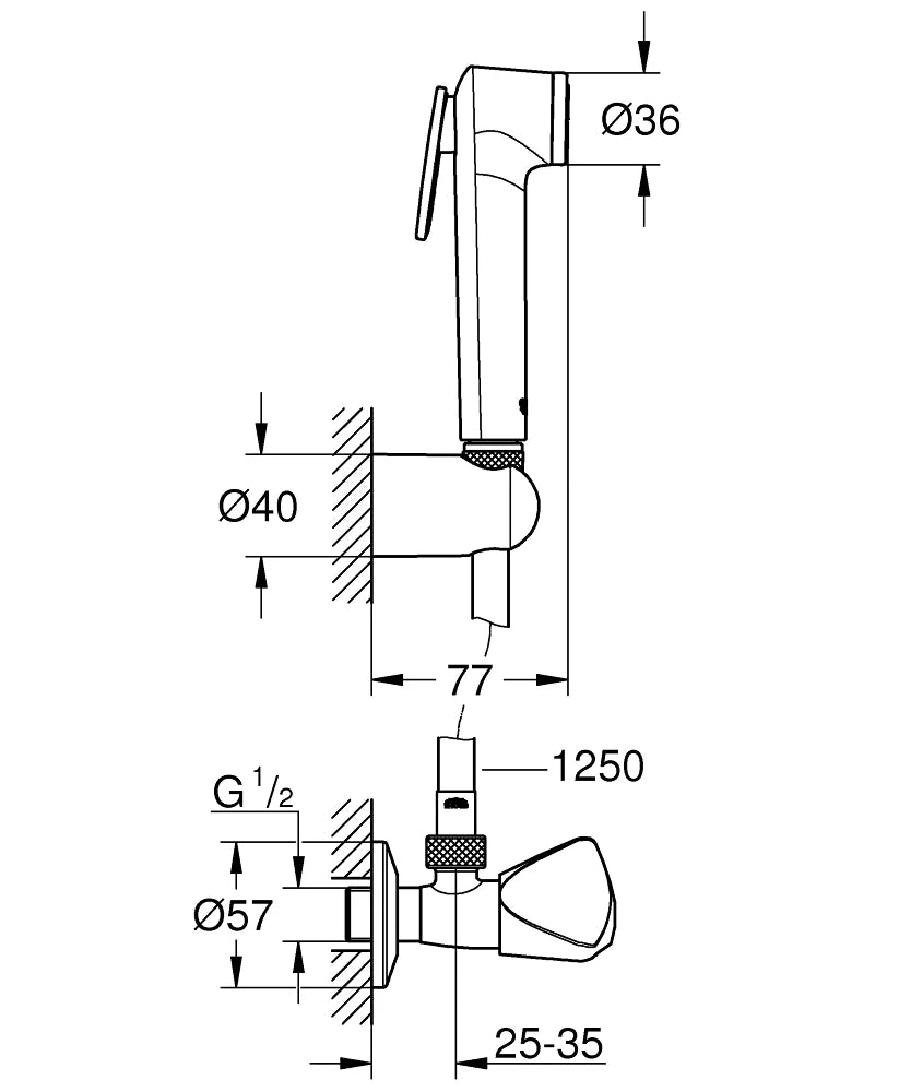 GROHE Tempesta-F Trigger Spray 30 bide prhica s kotnim ventilom in držalom, krom (27514001) – tehnična risba z merami