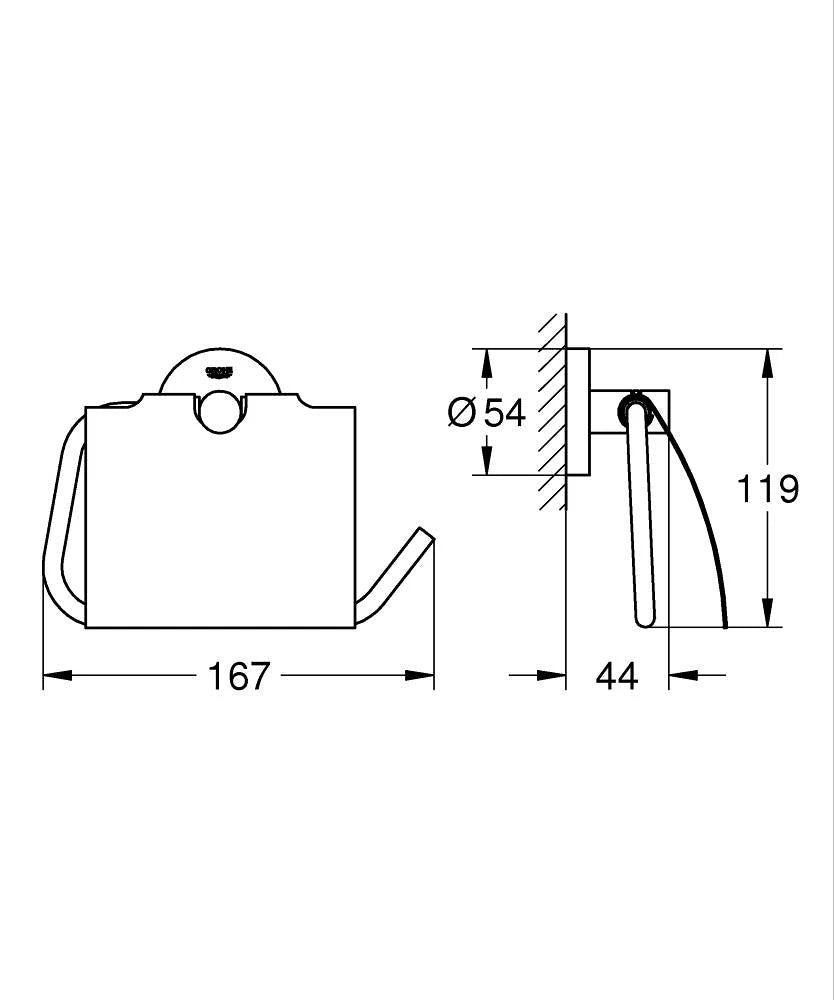 GROHE Essentials držalo za toaletni papir s pokrovom, Brushed Hard Graphite (40367AL1) – tehnična risba z merami