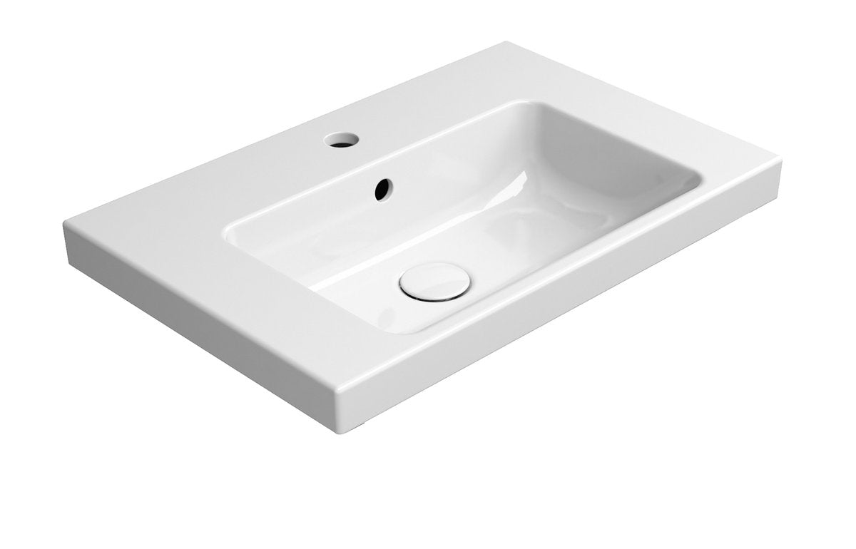 Keramični umivalnik GSI NORM, 60 × 40 cm, bel, ExtraGlaze – izdelek 8636111. Na sliki je prikazan tudi odtočni ventil s čepom; vsebina nakupa je navedena v opisu.
