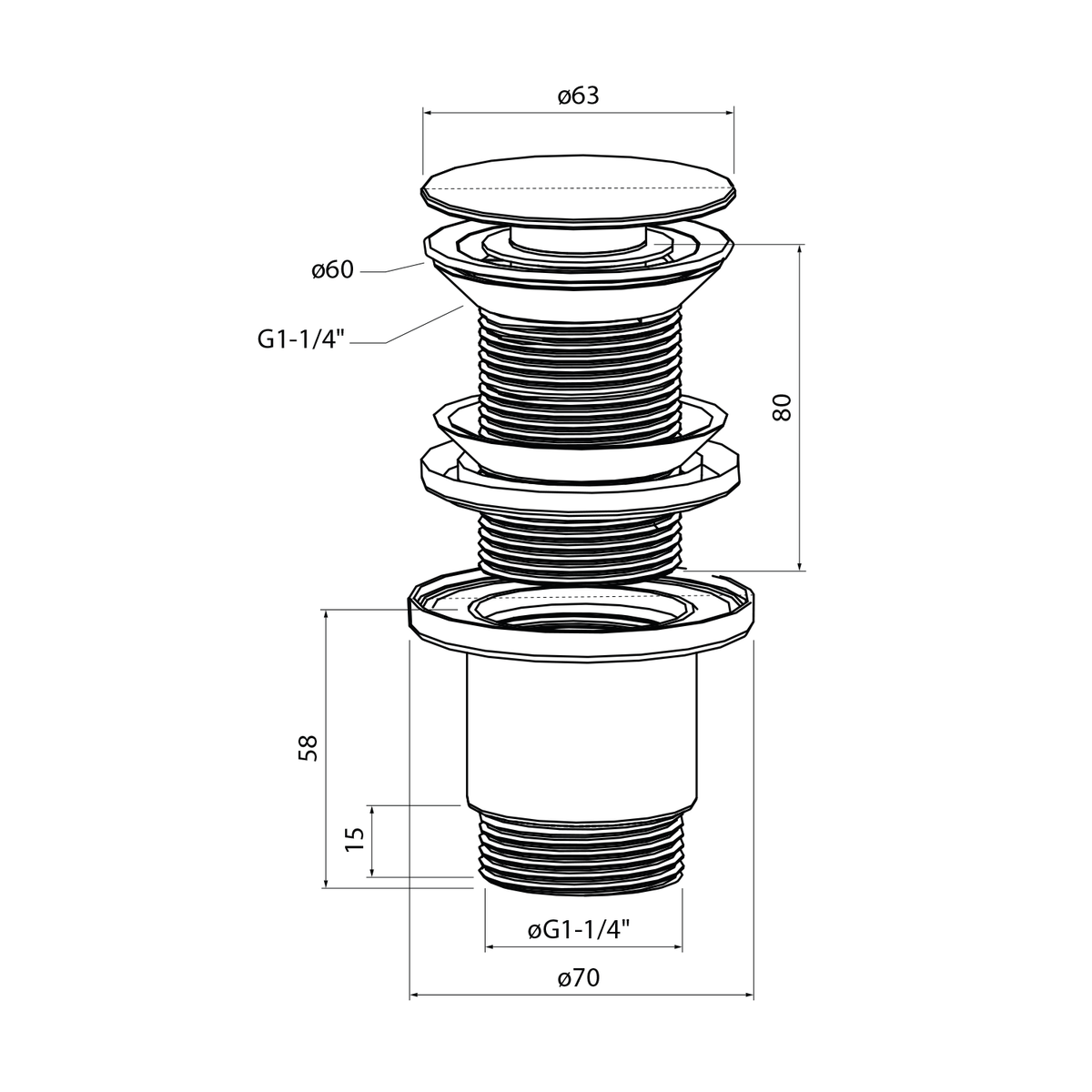 Tehnična risba z merami – Odtočni ventil za umivalnik ISVEA klik-klak 5/4", keramični čep, za umivalnike debeline 20–70 mm, mentolno zelena – izdelek 38TP0168I