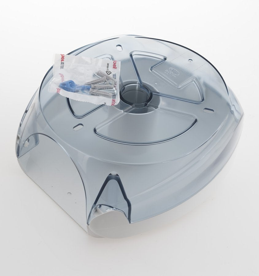 Podajalnik toaletnega papirja MARPLAST SKIN, za zvitek do Ø 24 cm, bel – izdelek A90701 – Zadnja stran belega podajalnika; montažni prikaz.