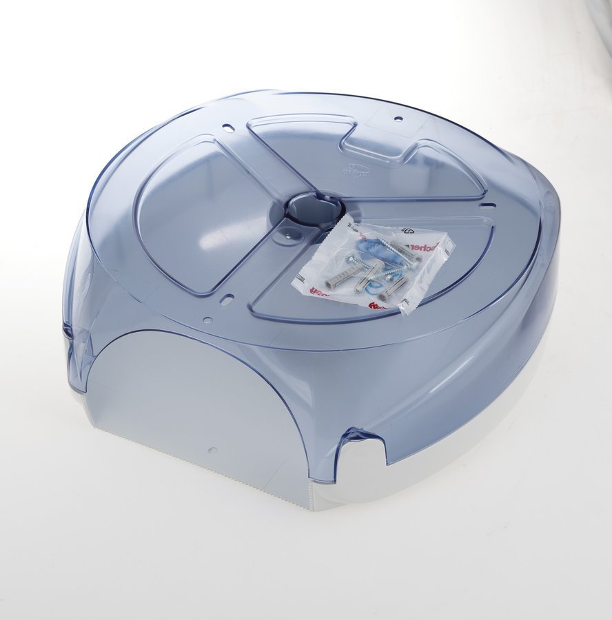 Podajalnik toaletnega papirja MARPLAST SKIN, za zvitek do Ø 29 cm, bel – izdelek A90801 – Zadnja stran belega podajalnika; montažni prikaz.