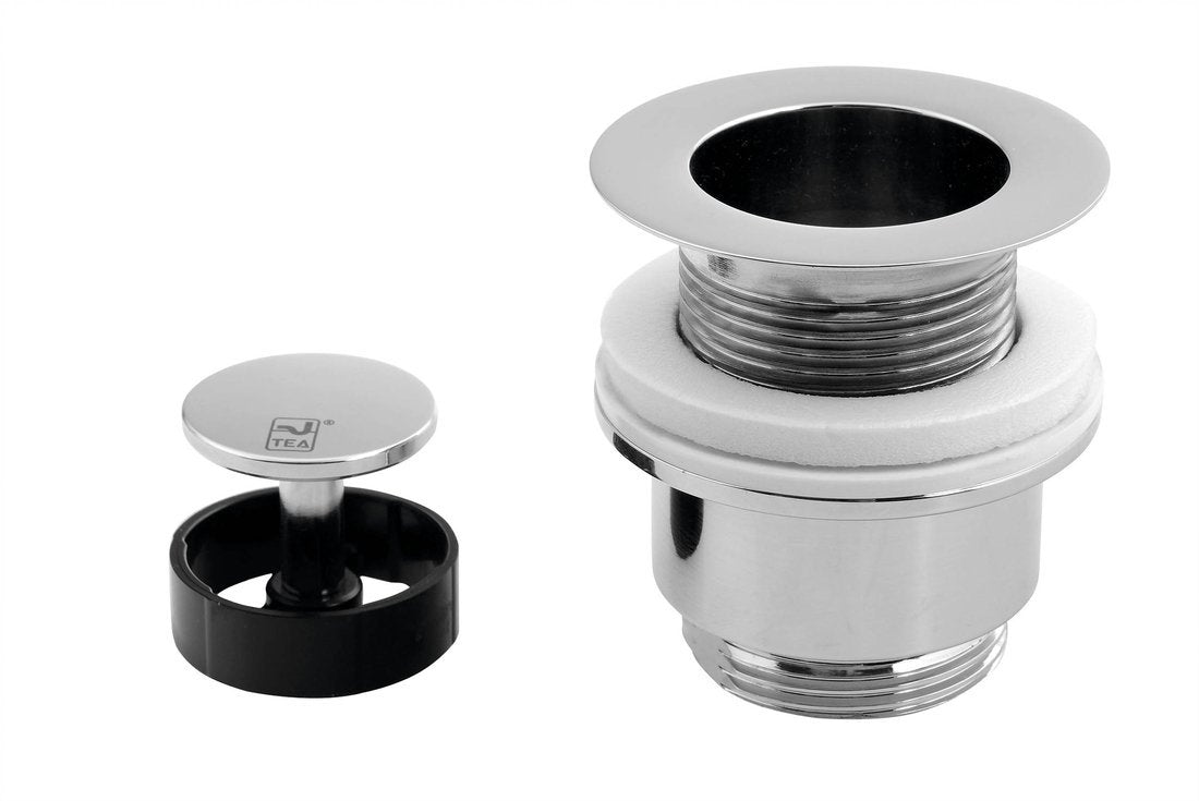 Odtočni ventil za umivalnik OMP TEA s prostim odtokom 5/4", dizajnerski čep, za umivalnike debeline 30–45 mm, kromiran – izdelek 147.545.5 – sestavni deli