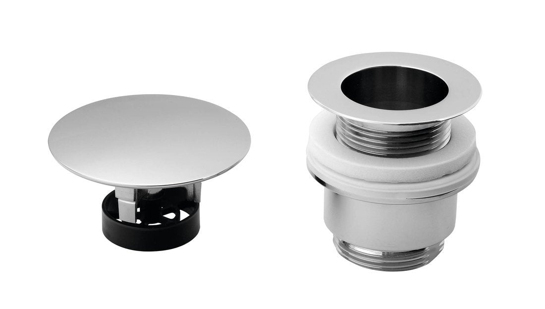 Odtočni ventil za umivalnik OMP TEA s prostim odtokom 5/4", velik čep, za umivalnike debeline 30–45 mm, kromiran – izdelek 147.555.5 – sestavni deli