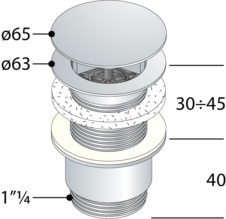 Tehnična risba – Odtočni ventil za umivalnik OMP TEA s prostim odtokom 5/4", velik čep, za umivalnike debeline 30–45 mm, kromiran – izdelek 147.555.5