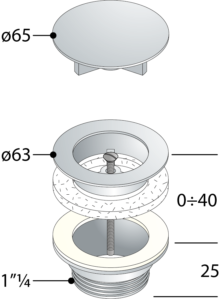 Tehnična risba – Odtočni ventil za umivalnik OMP TEA s prostim odtokom 5/4", velik čep, za umivalnike debeline 0–40 mm, kromiran – izdelek 542.742.5