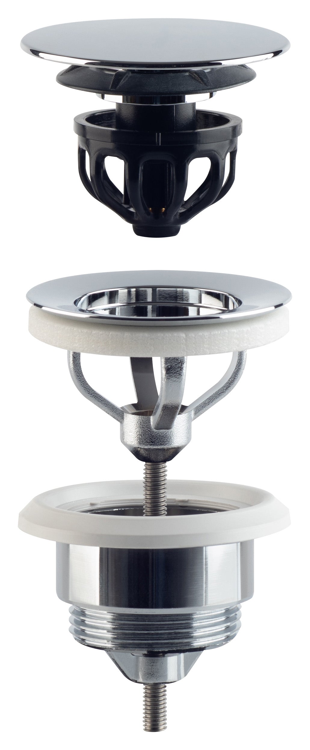 Odtočni ventil za umivalnik OMP TEA klik-klak 5/4", velik čep, za umivalnike debeline 10–45 mm, kromiran – izdelek 7532.310.5 – sestavni deli 1