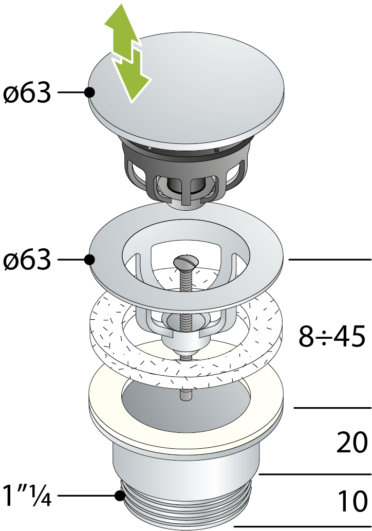 Tehnična risba 1 – Odtočni ventil za umivalnik OMP TEA klik-klak 5/4", velik čep, za umivalnike debeline 10–45 mm, kromiran – izdelek 7532.310.5
