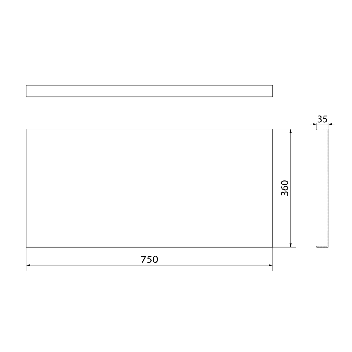 Tehnična risba – Stranski panel za tuš kad POLYSAN DEEP PLAIN, 75 × 36 cm, bel – izdelek 89746