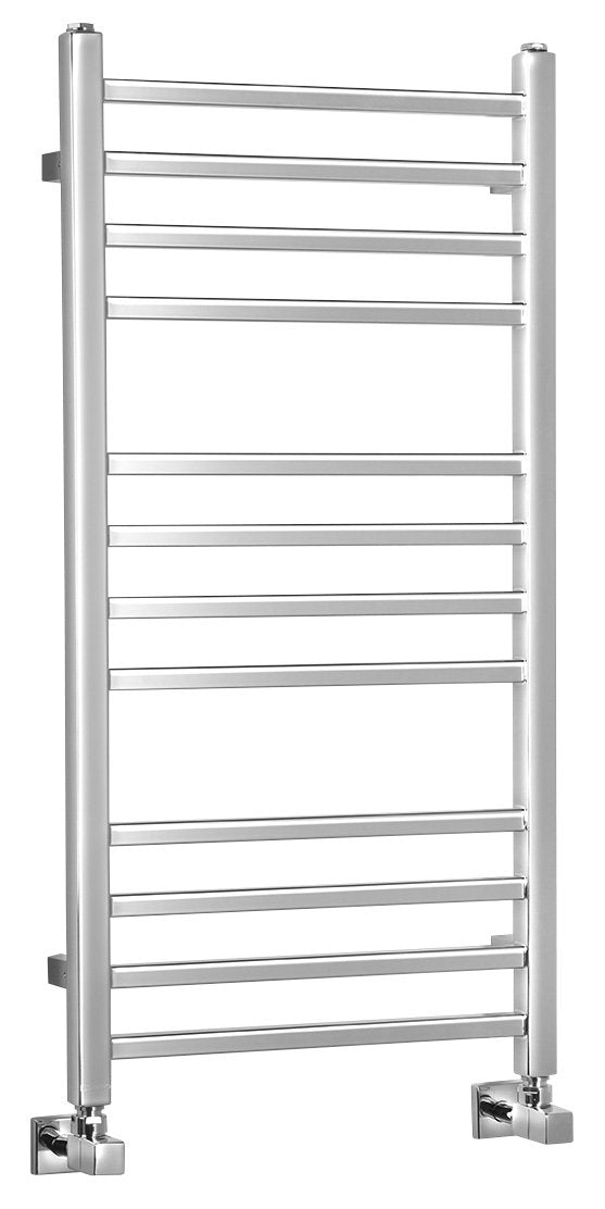 Kopalniški radiator SAPHO METRO, 450 × 890 mm, kromiran – izdelek 0411-03. Na sliki so prikazani tudi priključni ventili; vsebina nakupa je navedena v opisu.