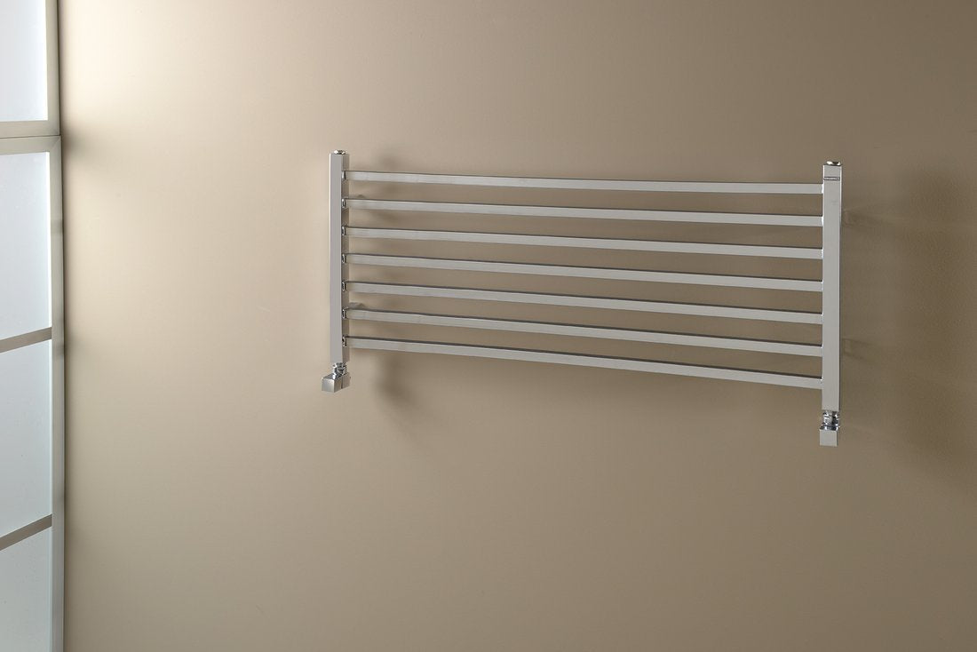 Kopalniški radiator SAPHO METRO, 1000 × 450 mm, kromiran – izdelek 0411-10 – dodatni pogled 1. Na sliki so prikazani tudi priključni ventili; vsebina nakupa je navedena v opisu.