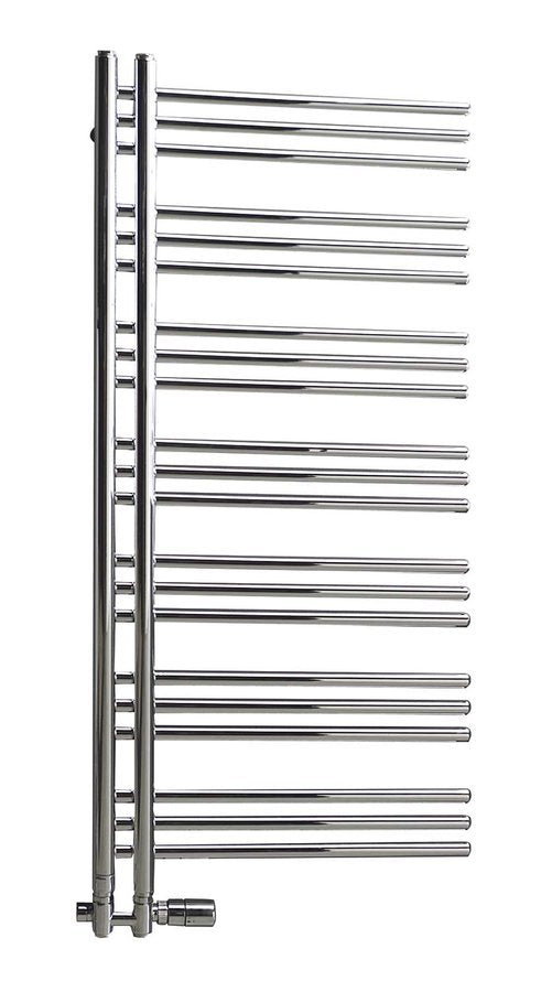 Kopalniški radiator SAPHO DORLION, 500 × 1200 mm, kromiran – izdelek 1130-11. Na sliki so prikazani tudi priključni ventili; vsebina nakupa je navedena v opisu.