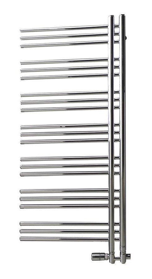 Kopalniški radiator SAPHO DORLION, 500 × 1200 mm, kromiran – izdelek 1130-11 – dodatni pogled 3. Na sliki so prikazani tudi priključni ventili; vsebina nakupa je navedena v opisu.