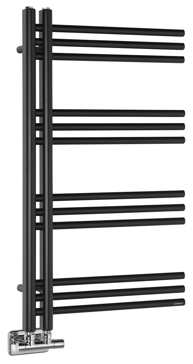 Kopalniški radiator SAPHO DORLION, 500 × 900 mm, mat črn – izdelek 1130-20. Na sliki so prikazani tudi priključni ventili; vsebina nakupa je navedena v opisu.