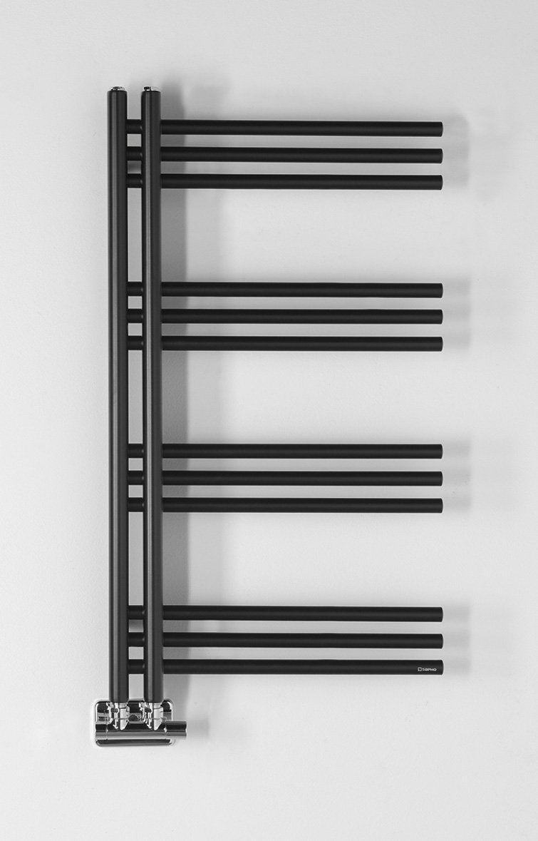 Kopalniški radiator SAPHO DORLION, 500 × 900 mm, mat črn – izdelek 1130-20 – dodatni pogled 1. Na sliki so prikazani tudi priključni ventili; vsebina nakupa je navedena v opisu.