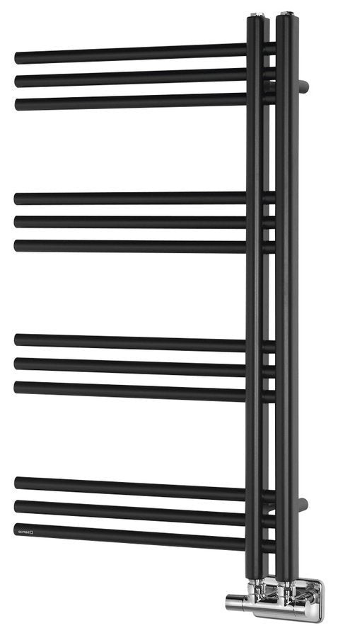 Kopalniški radiator SAPHO DORLION, 500 × 900 mm, mat črn – izdelek 1130-20 – dodatni pogled 4. Na sliki so prikazani tudi priključni ventili; vsebina nakupa je navedena v opisu.