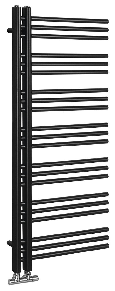 Kopalniški radiator SAPHO DORLION, 500 × 1200 mm, mat črn – izdelek 1130-21. Na sliki so prikazani tudi priključni ventili; vsebina nakupa je navedena v opisu.